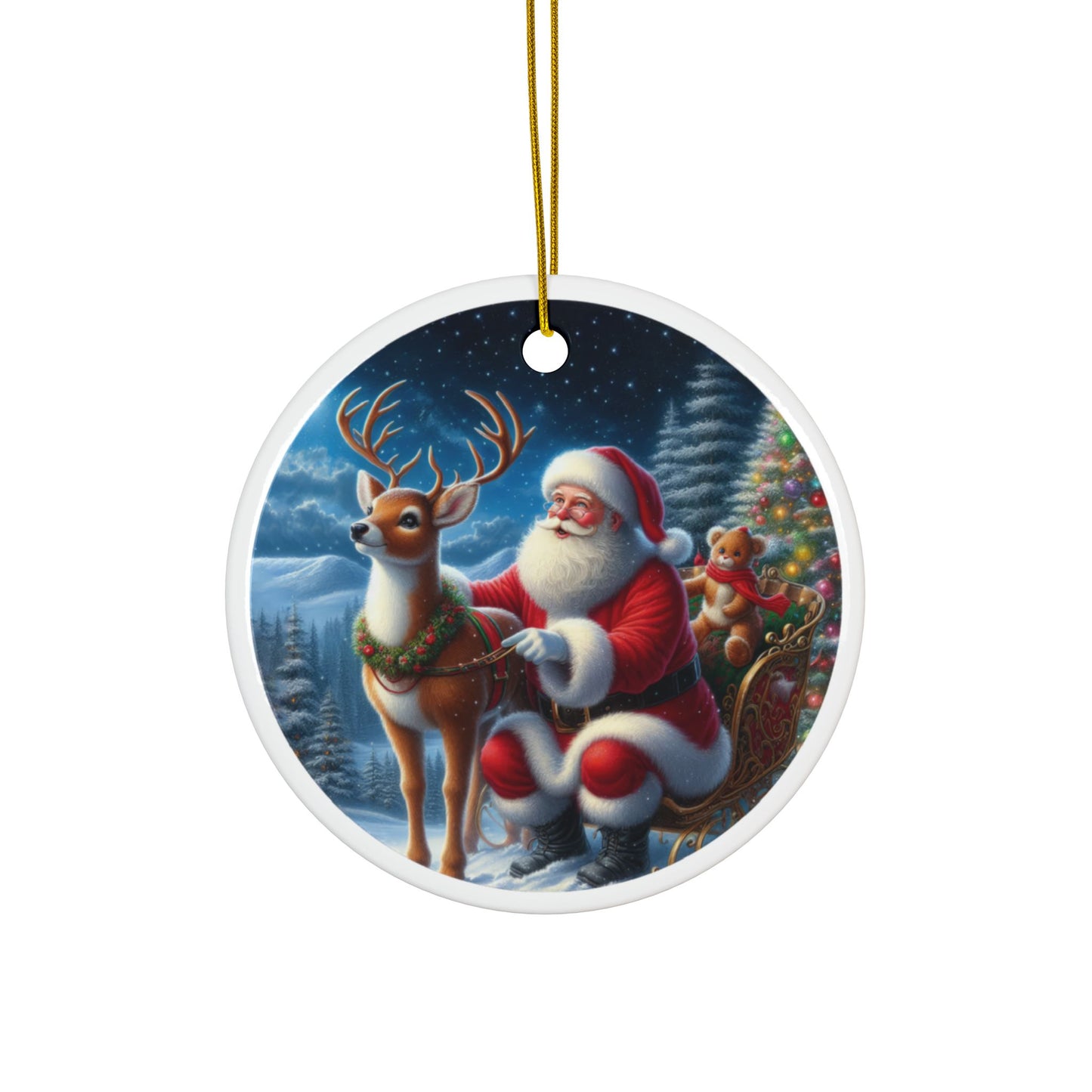 Santa’s Starry Night with Rudolph Christmas Ceramic Ornaments, 2-Side Print, (1pc, 3pcs, 5pcs, 10pcs)