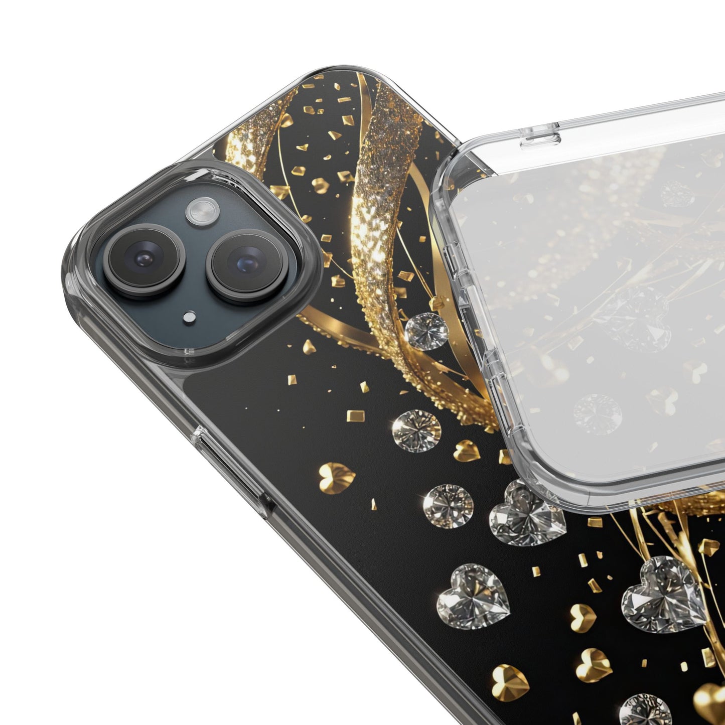 Gleaming Heart Clear Case, Elegant Gold Glitter, Sparkling Design