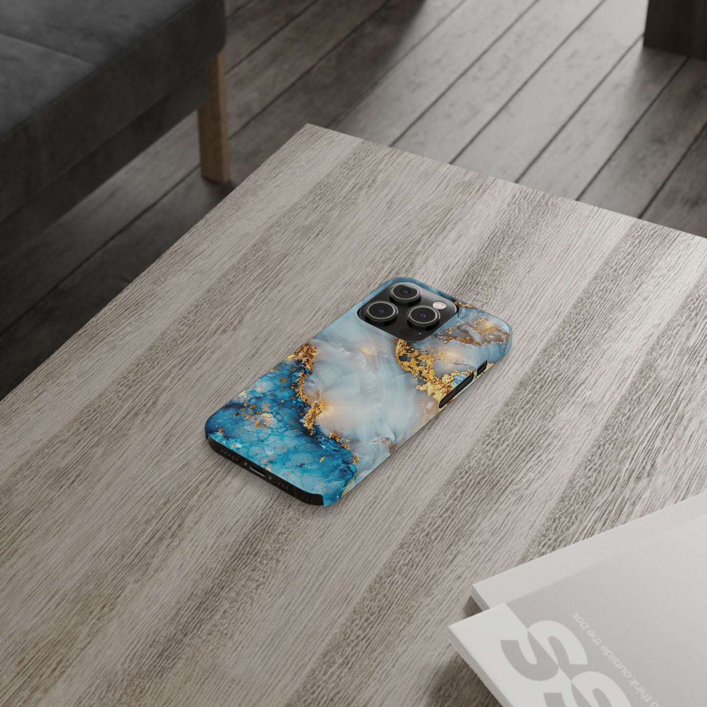 Marble Luxe Slim iPhone Case, Elegant Blue & Gold Design
