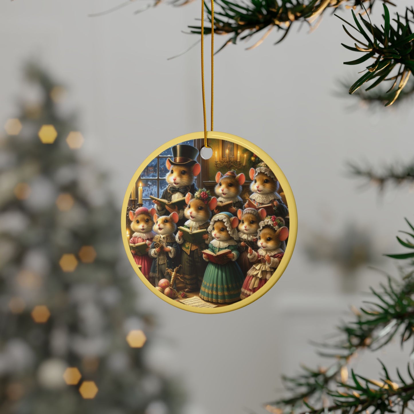 Pine-Kissed Mouse Carolers Ceramic Ornaments, 2-Side Print, (1pc, 3pcs, 5pcs, 10pcs)