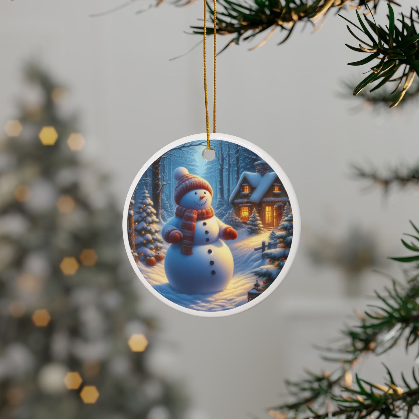 Winter’s Gentle Snowman Christmas Ceramic Ornaments, 2-Side Print, (1pc, 3pcs, 5pcs, 10pcs)