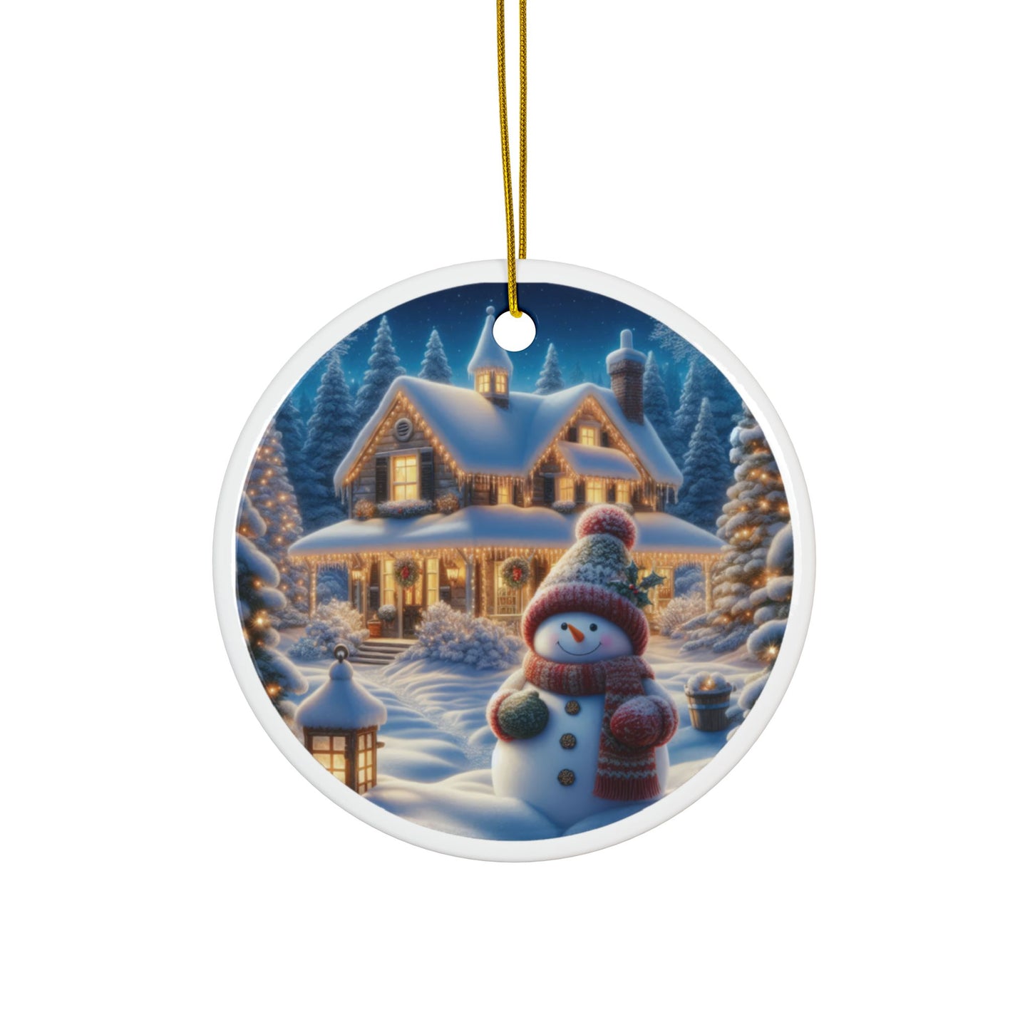 Snowman’s Starlit Charm Christmas Ceramic Ornaments, 2-Side Print, (1pc, 3pcs, 5pcs, 10pcs)