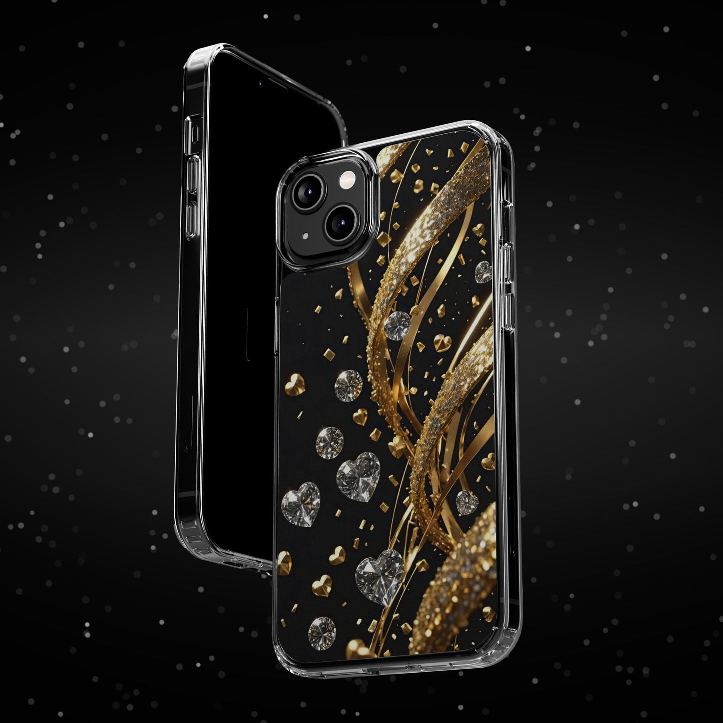 Gleaming Heart Clear Case, Elegant Gold Glitter, Sparkling Design