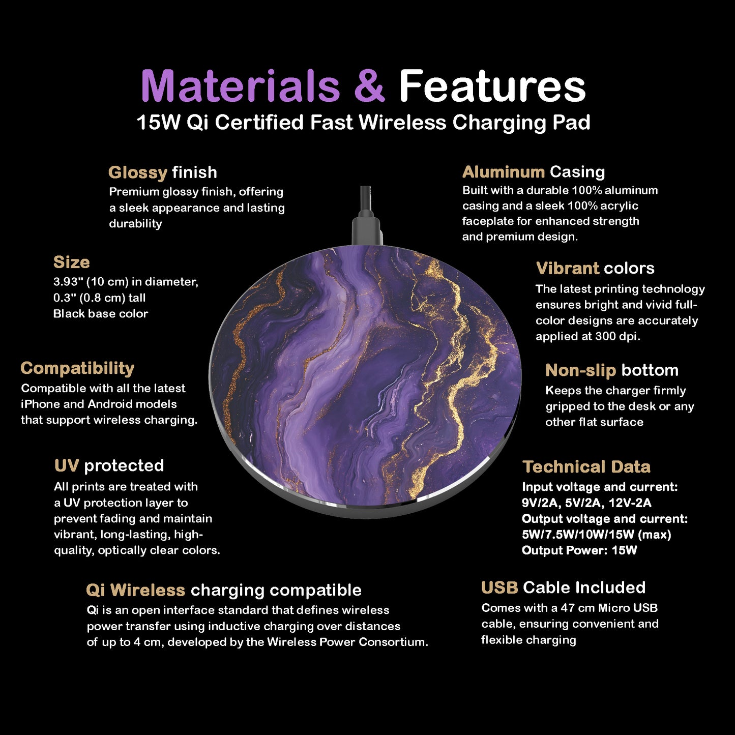 Purple Gold Marble Wireless Charger