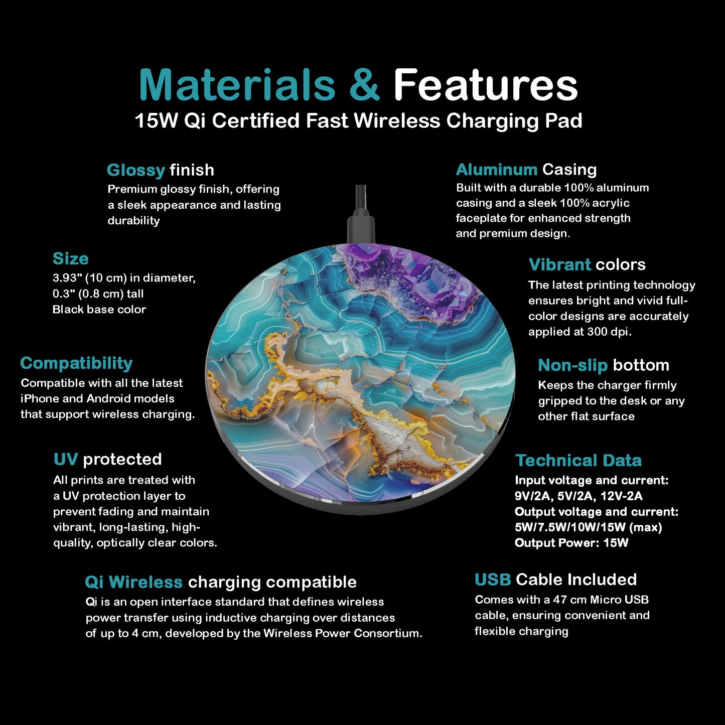 Agate Wave Wireless Charger — Turquoise & Gold Phone Charging Pad