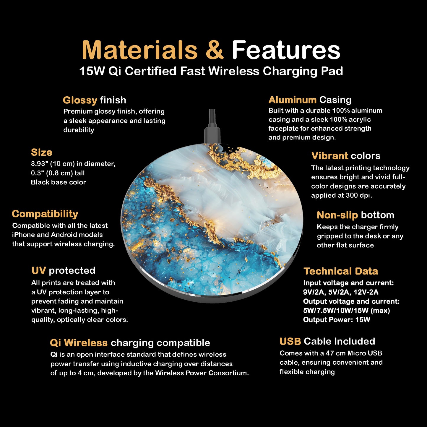 Blue Gold Marble Wireless Charger