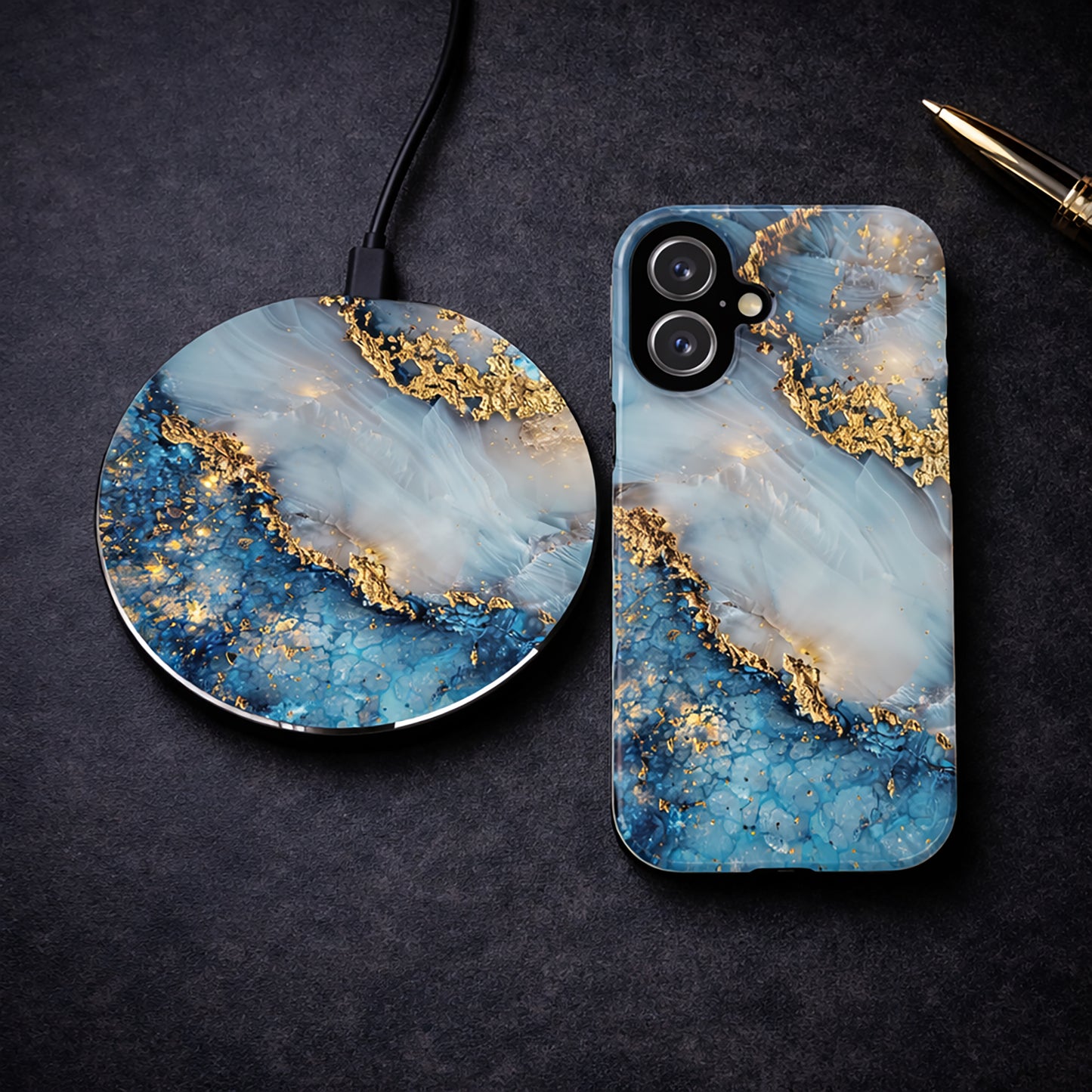 Blue Gold Marble Wireless Charger