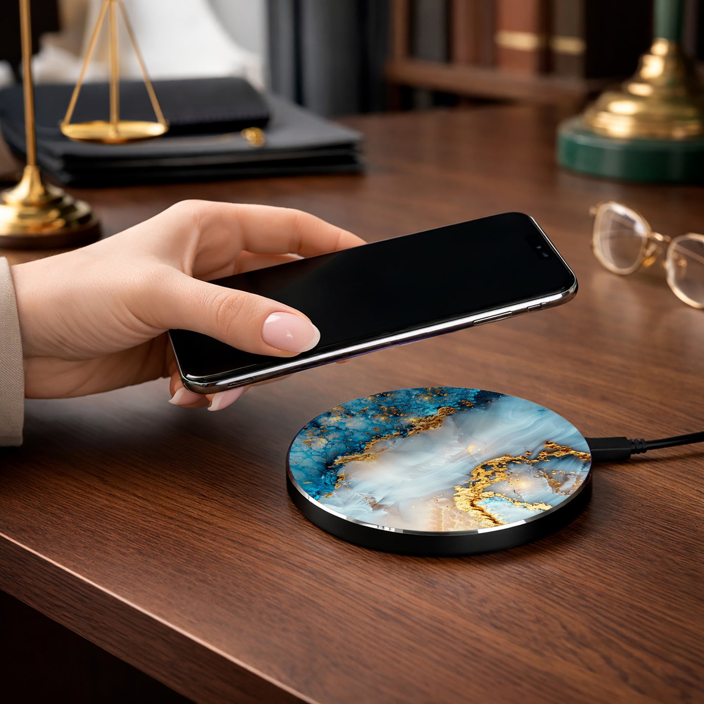 Blue Gold Marble Wireless Charger