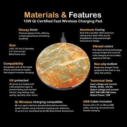 Jasper Stone Pattern Wireless Charger — Gold Amber Stone Qi Charging Pad