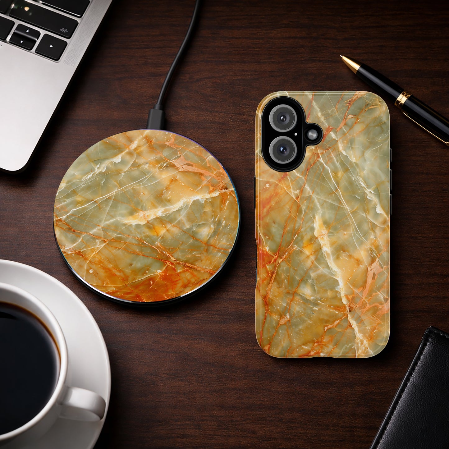 Jasper Stone Pattern Wireless Charger — Gold Amber Stone Qi Charging Pad