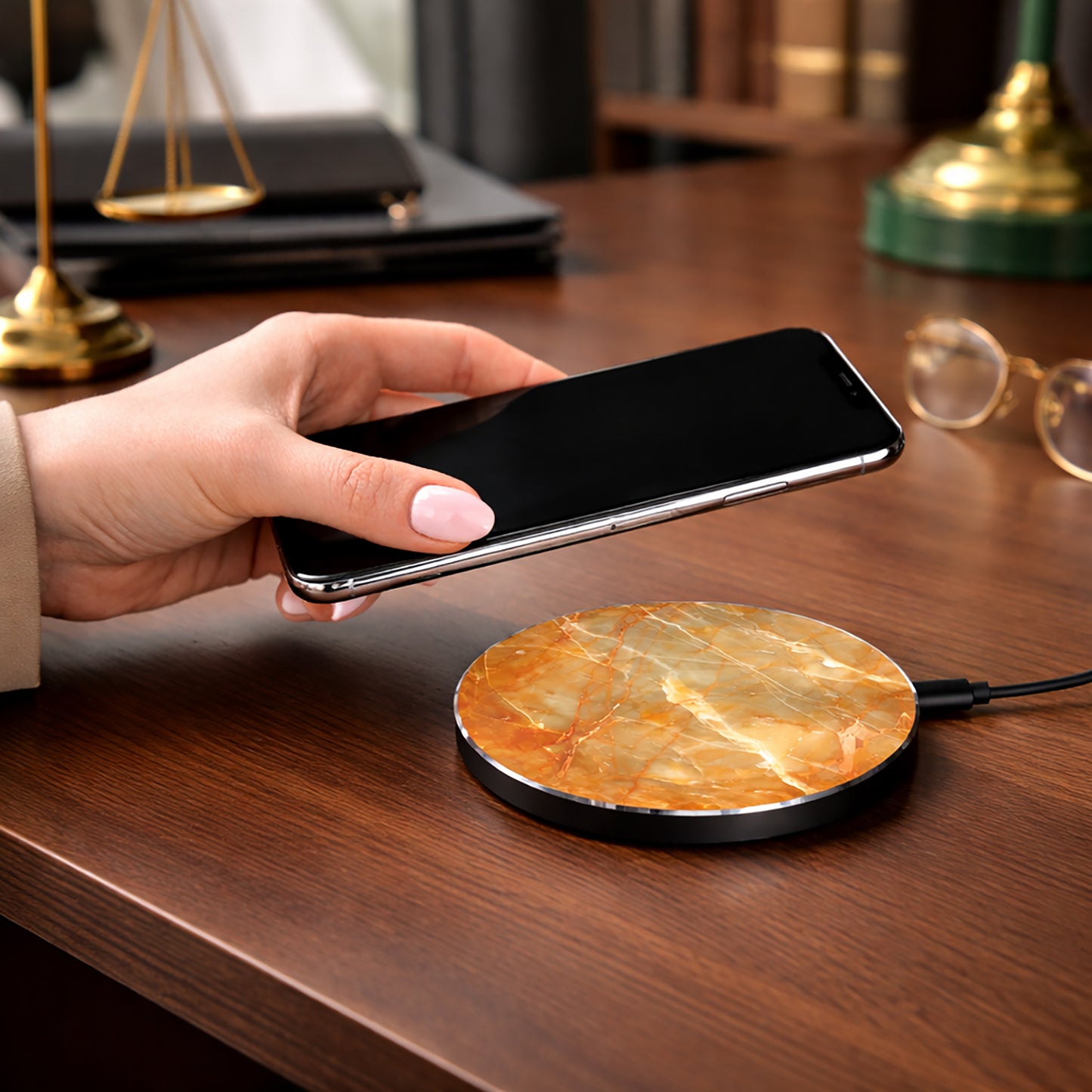 Jasper Stone Pattern Wireless Charger — Gold Amber Stone Qi Charging Pad