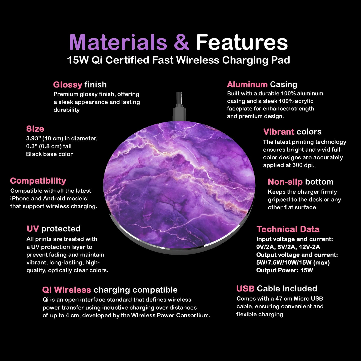Purple Marble Wireless Charger – Fast Qi Phone Charging Pad