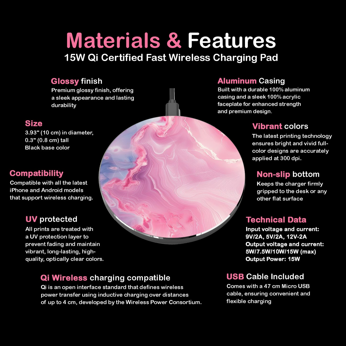 Pink Marble Wireless Charger — Stylish Fast Qi Charging Pad