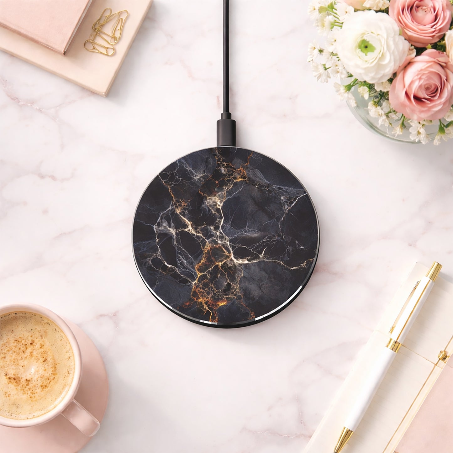 Black Marble Wireless Charger — Fast Qi Charging Pad