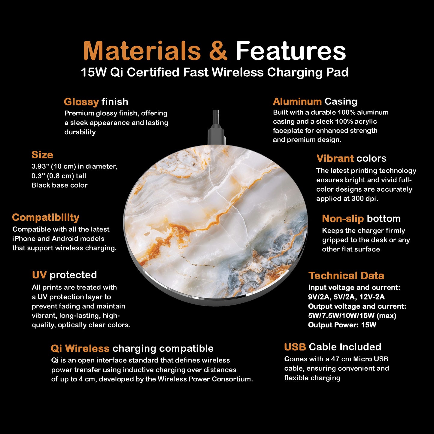 Stylish Marble 10W Qi Certified Fast Wireless Charging Pad,  Modern Unique Desk Accessory