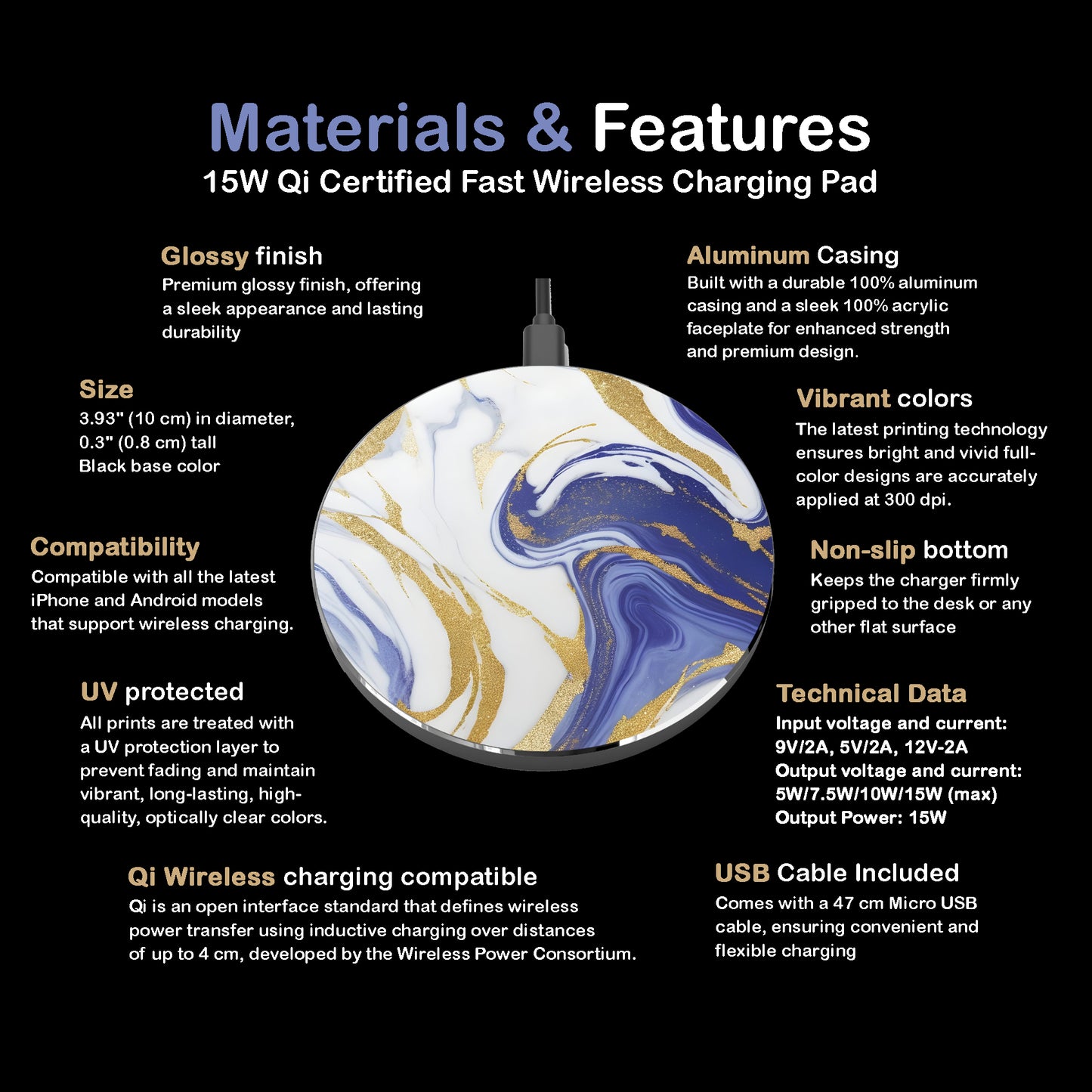 Elegant Marble 10W Qi Certified Fast Wireless Charging Pad