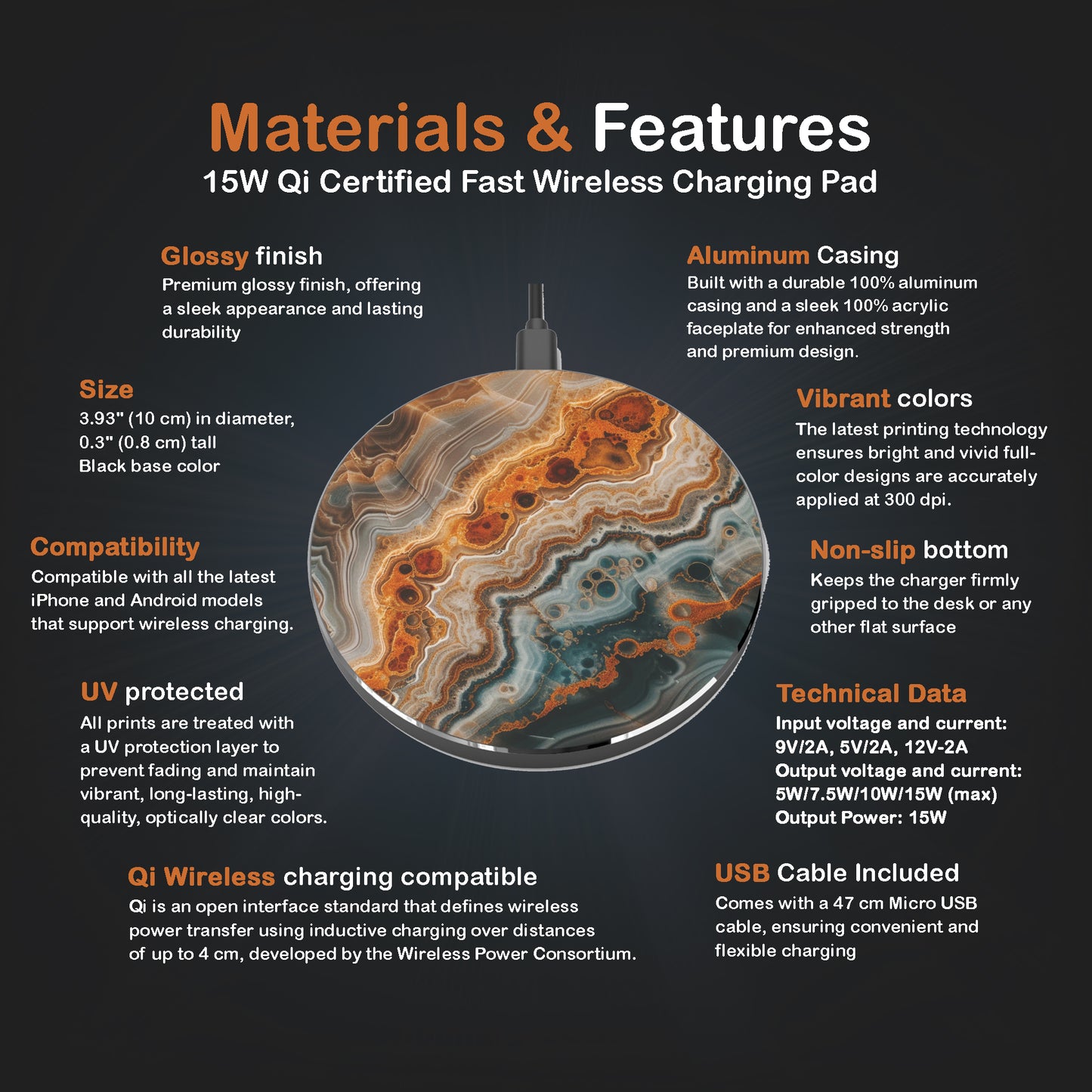 Unique Marble 10W Qi Certified Fast Wireless Charging Pad,  Modern & Stylish Design