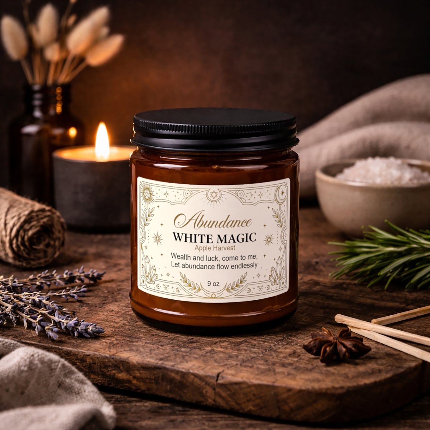 White Magic Abundance Scented Soy Candle — Amber Jar
