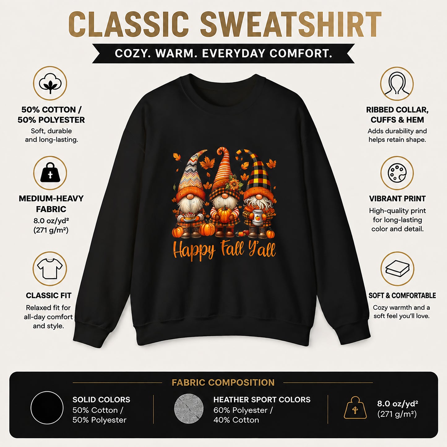 Fall Gnome Crewneck Sweatshirt - "Happy Fall Y'all" Autumn Graphic