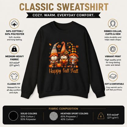 Fall Gnome Crewneck Sweatshirt - "Happy Fall Y'all" Autumn Graphic