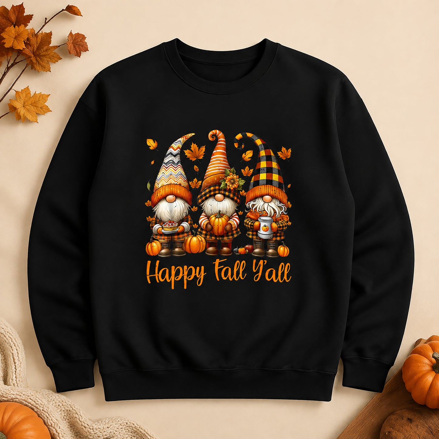 Fall Gnome Crewneck Sweatshirt - "Happy Fall Y'all" Autumn Graphic
