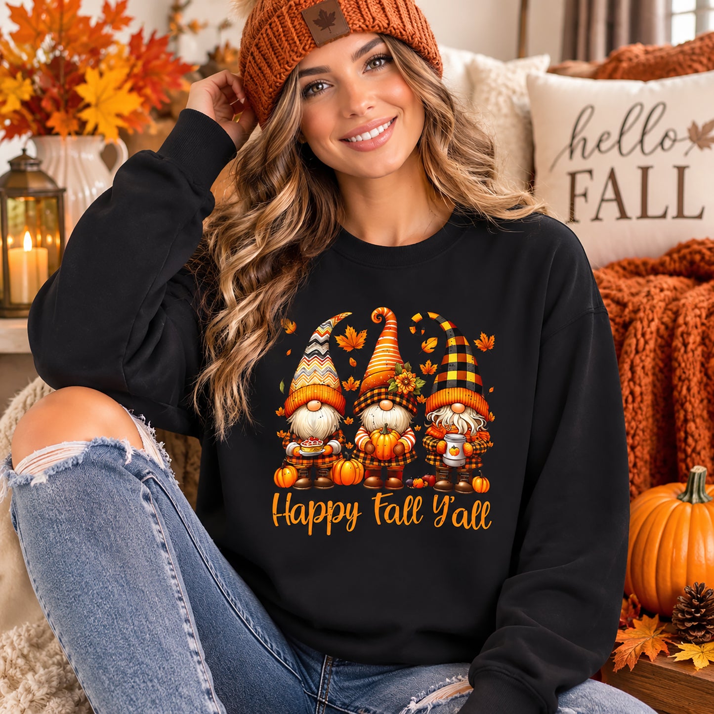 Fall Gnome Crewneck Sweatshirt - "Happy Fall Y'all" Autumn Graphic