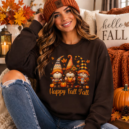Fall Gnome Crewneck Sweatshirt - "Happy Fall Y'all" Autumn Graphic