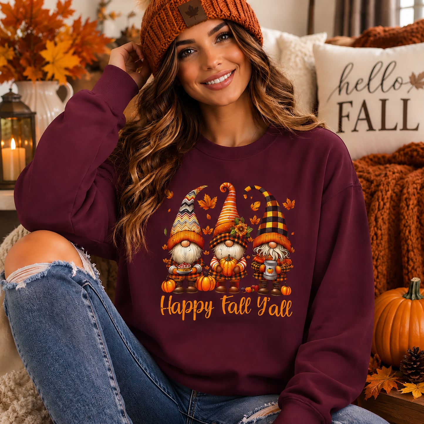 Fall Gnome Crewneck Sweatshirt - "Happy Fall Y'all" Autumn Graphic