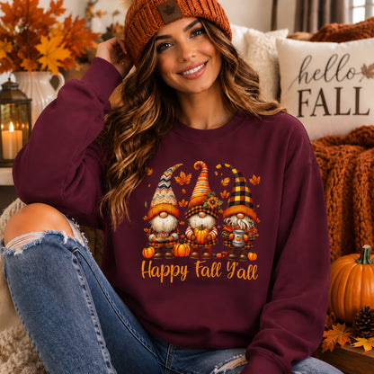 Fall Gnome Crewneck Sweatshirt - "Happy Fall Y'all" Autumn Graphic