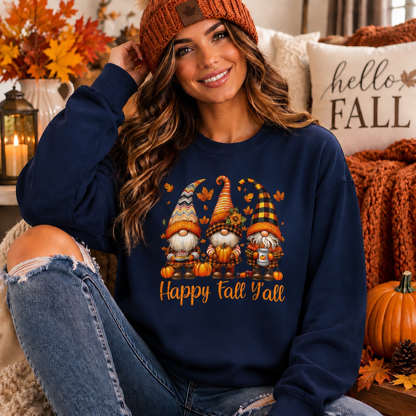 Fall Gnome Crewneck Sweatshirt - "Happy Fall Y'all" Autumn Graphic