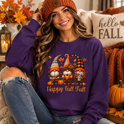 Fall Gnome Crewneck Sweatshirt - "Happy Fall Y'all" Autumn Graphic