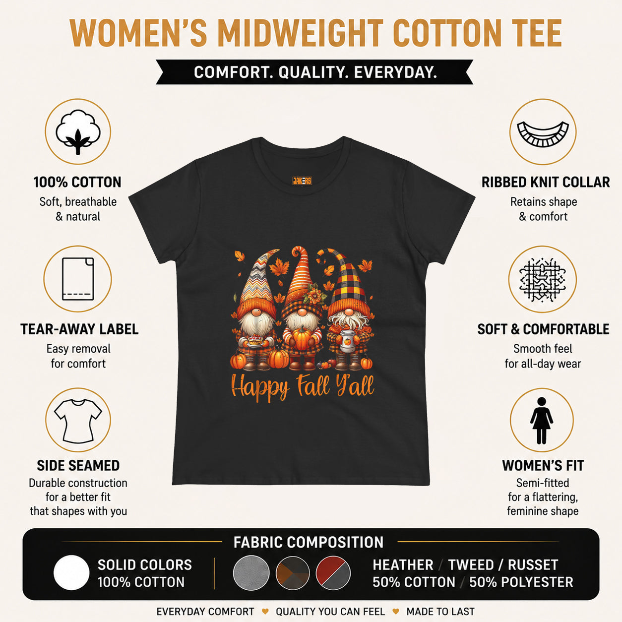 Women's Tee - 'Happy Fall Y'all' Autumn Gnome Pumpkin Shirt