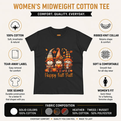 Women's Tee - 'Happy Fall Y'all' Autumn Gnome Pumpkin Shirt