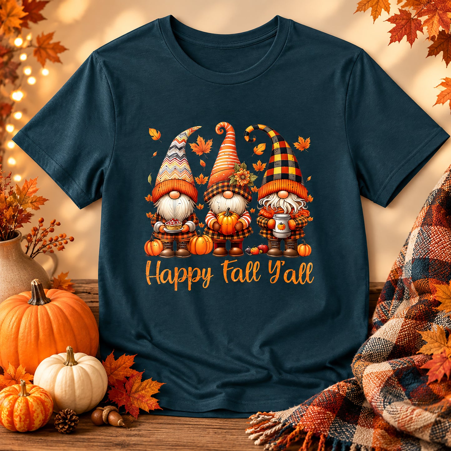 Fall Gnomes T-Shirt — "Happy Fall Y'all" Autumn Tee