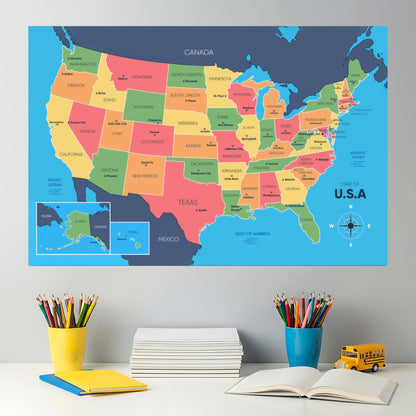 USA Map Poster - States and Capitals Educational Wall Art
