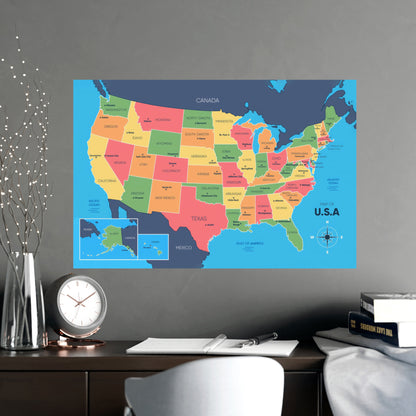 USA Map Poster - States and Capitals Educational Wall Art