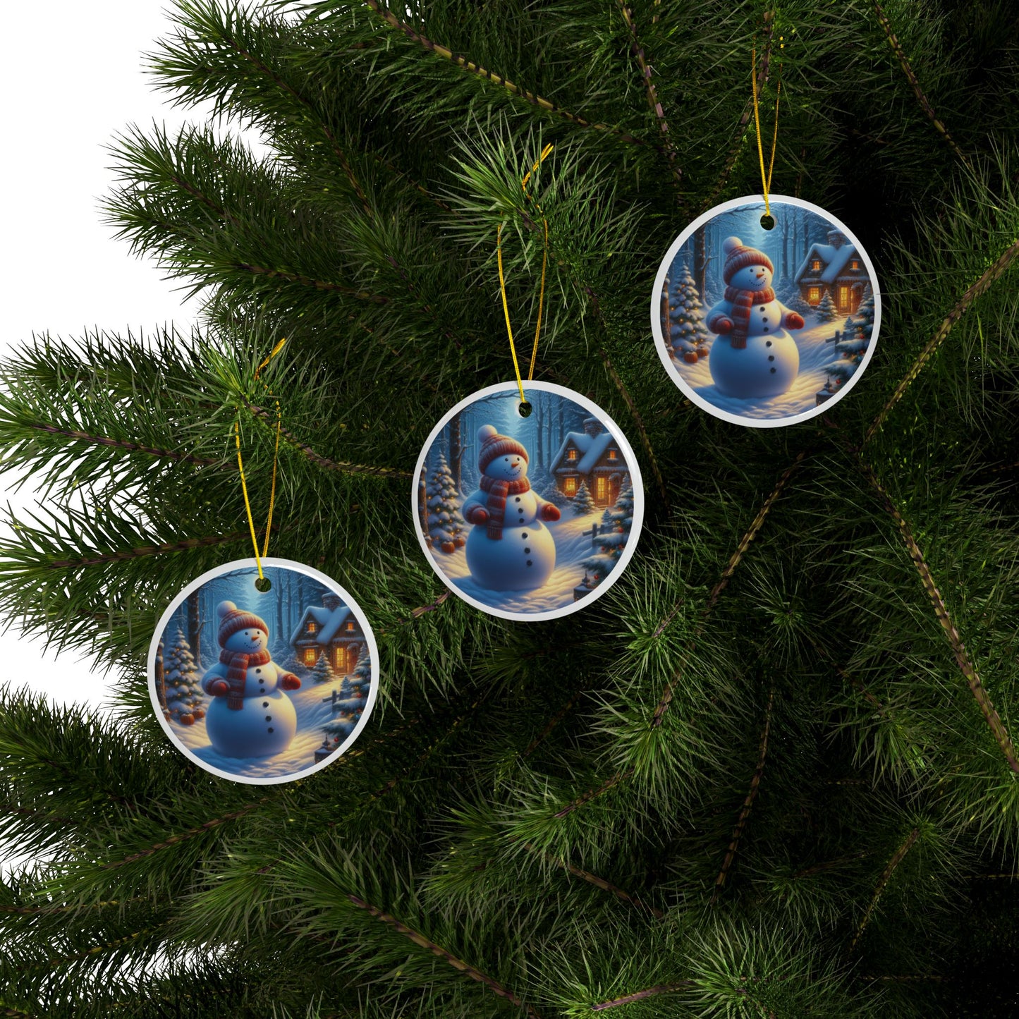 Winter’s Gentle Snowman Christmas Ceramic Ornaments, 2-Side Print, (1pc, 3pcs, 5pcs, 10pcs)