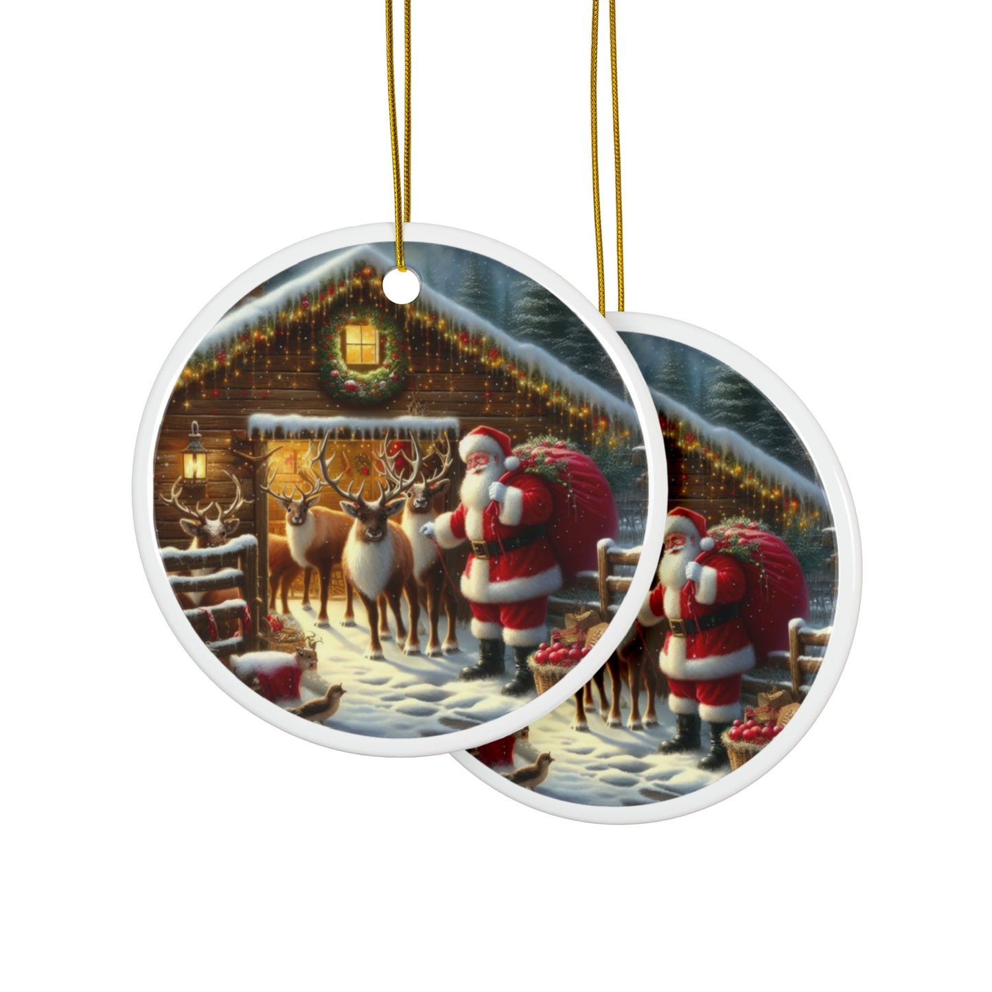 Barnside Christmas with Santa Ceramic Ornaments, 2-Side Print, (1pc, 3pcs, 5pcs, 10pcs)