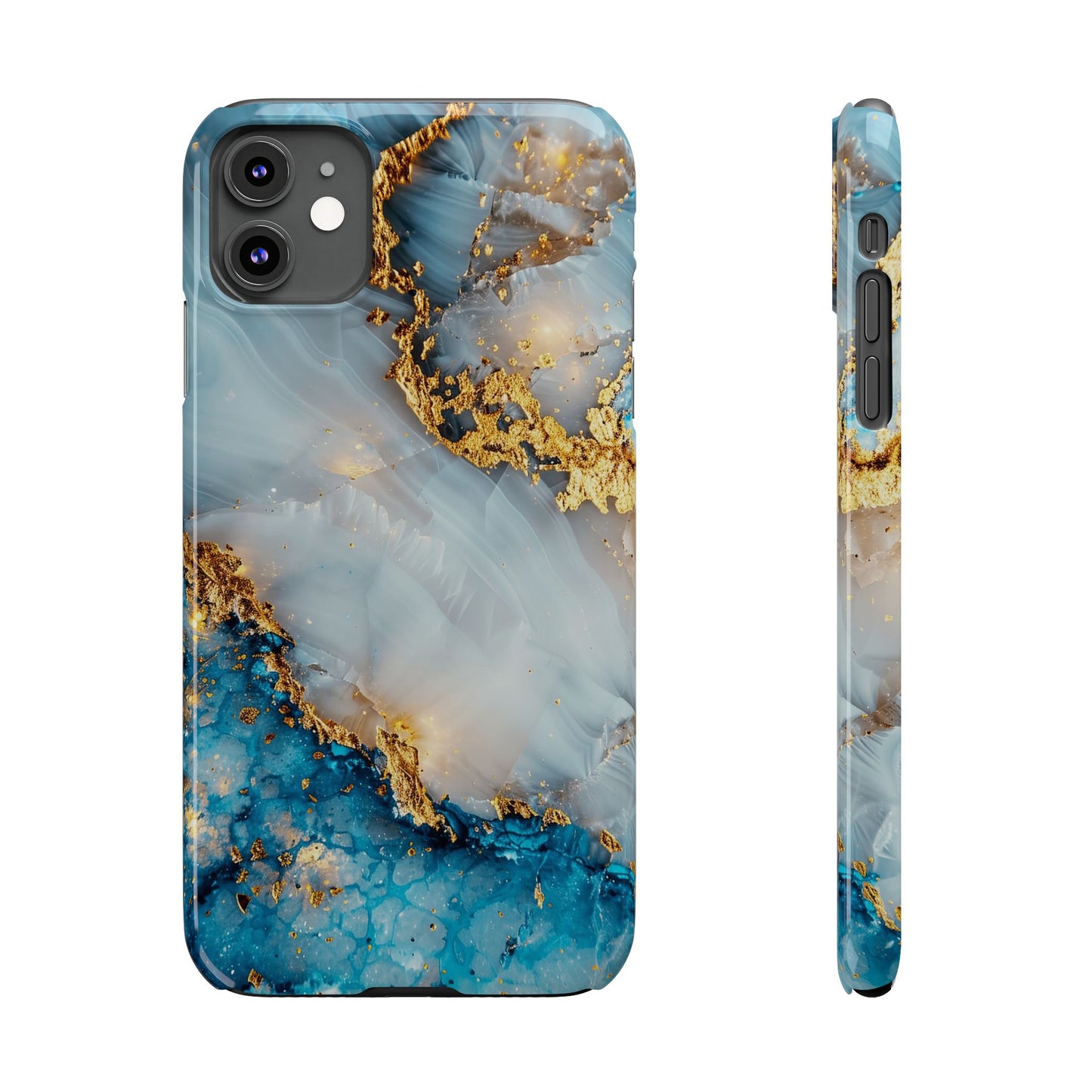 Marble Luxe Slim iPhone Case, Elegant Blue & Gold Design
