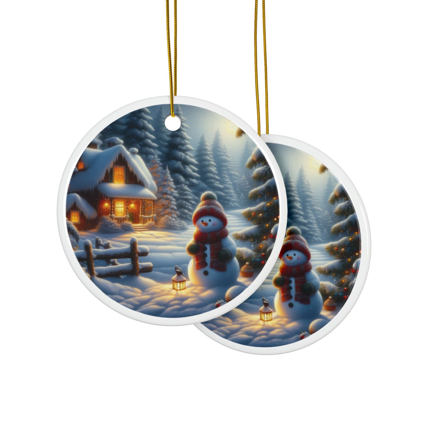 Snowman’s Twilight Magic Christmas Ceramic Ornaments, 2-Side Print, (1pc, 3pcs, 5pcs, 10pcs)