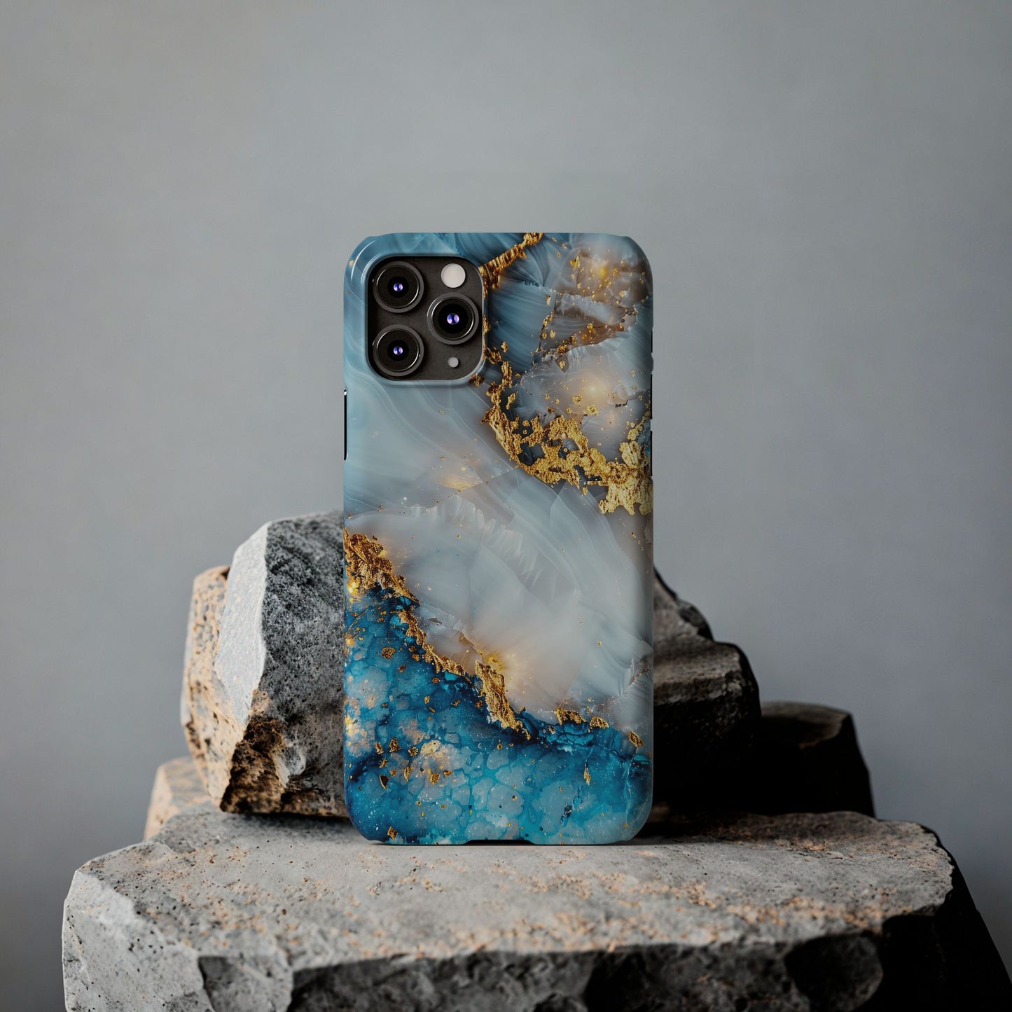Marble Luxe Slim iPhone Case, Elegant Blue & Gold Design