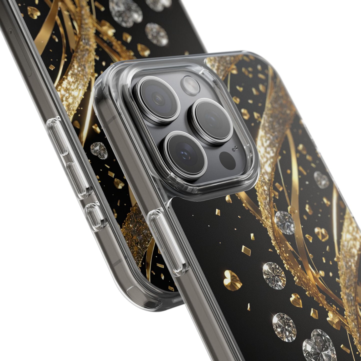 Gleaming Heart Clear Case, Elegant Gold Glitter, Sparkling Design