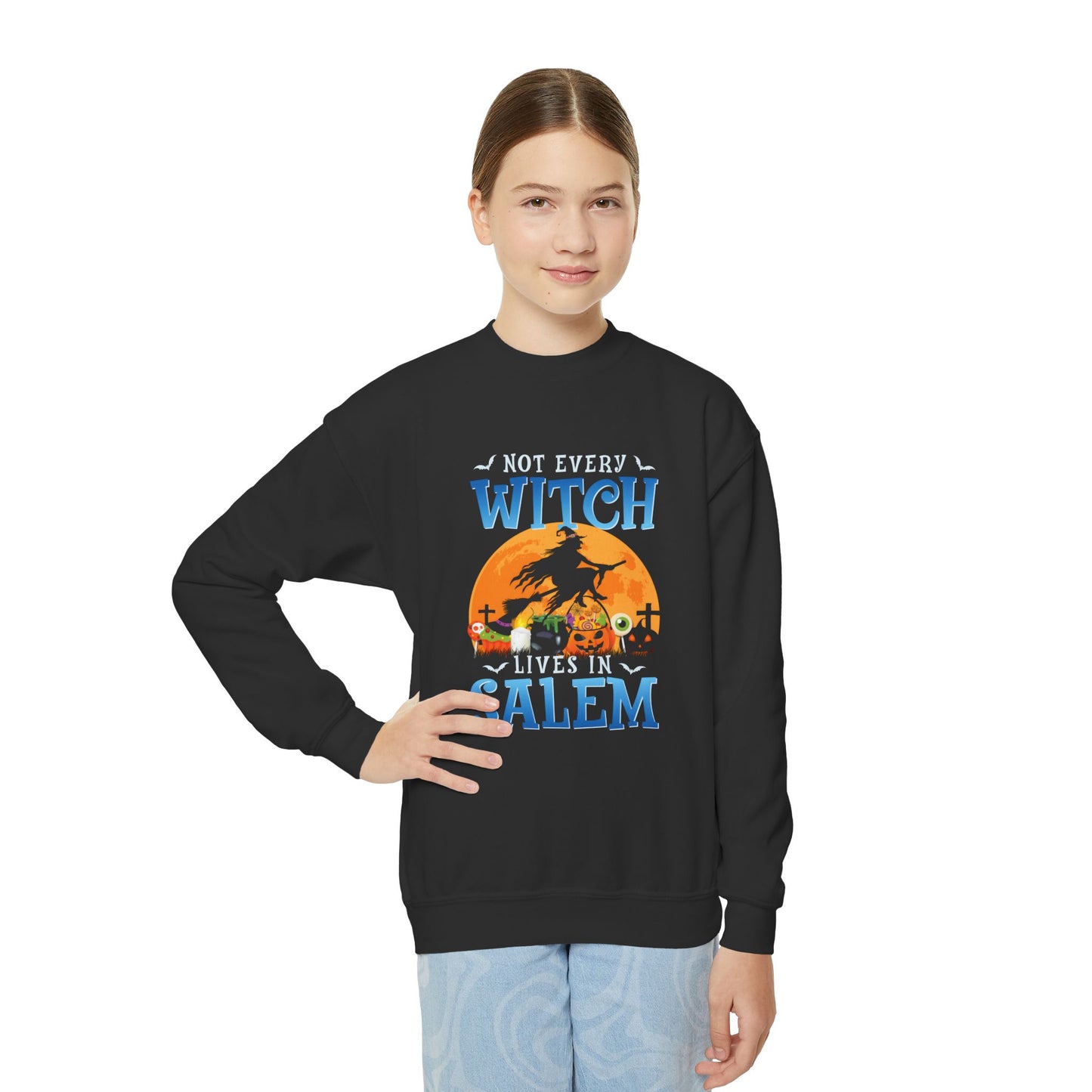 Youth Halloween Crewneck Sweatshirt - Not Every Witch Lives in Salem
