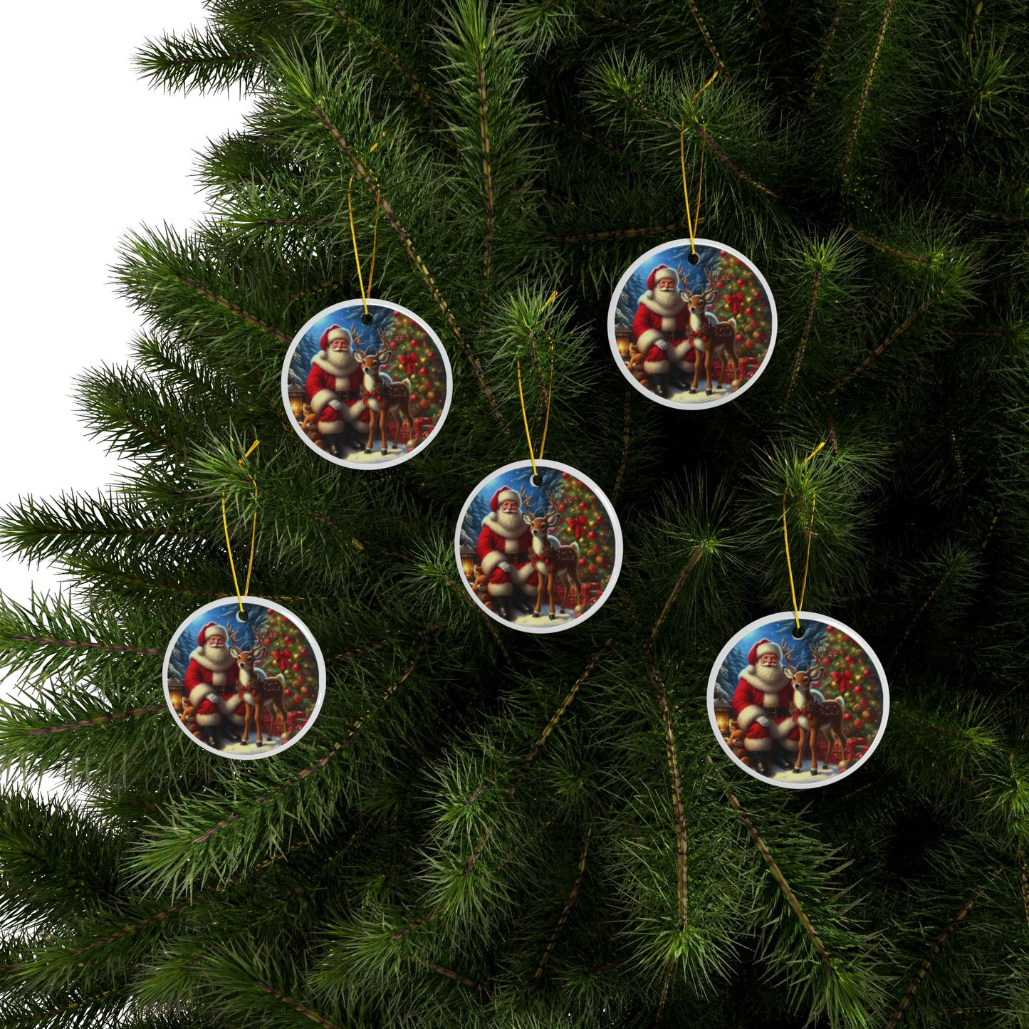 The Spirit of Christmas: Santa and Reindeer Christmas Ceramic Ornaments, 2-Side Print, (1pc, 3pcs, 5pcs, 10pcs)