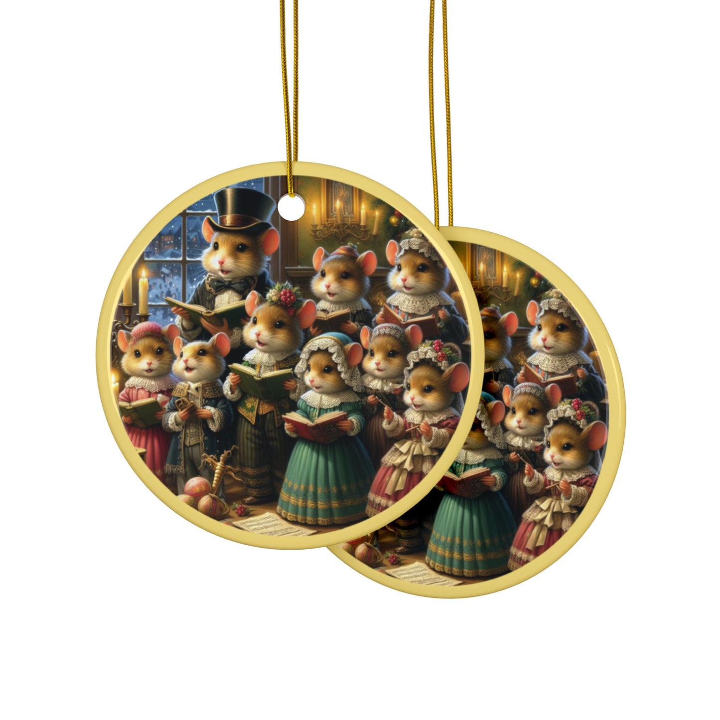 Pine-Kissed Mouse Carolers Ceramic Ornaments, 2-Side Print, (1pc, 3pcs, 5pcs, 10pcs)