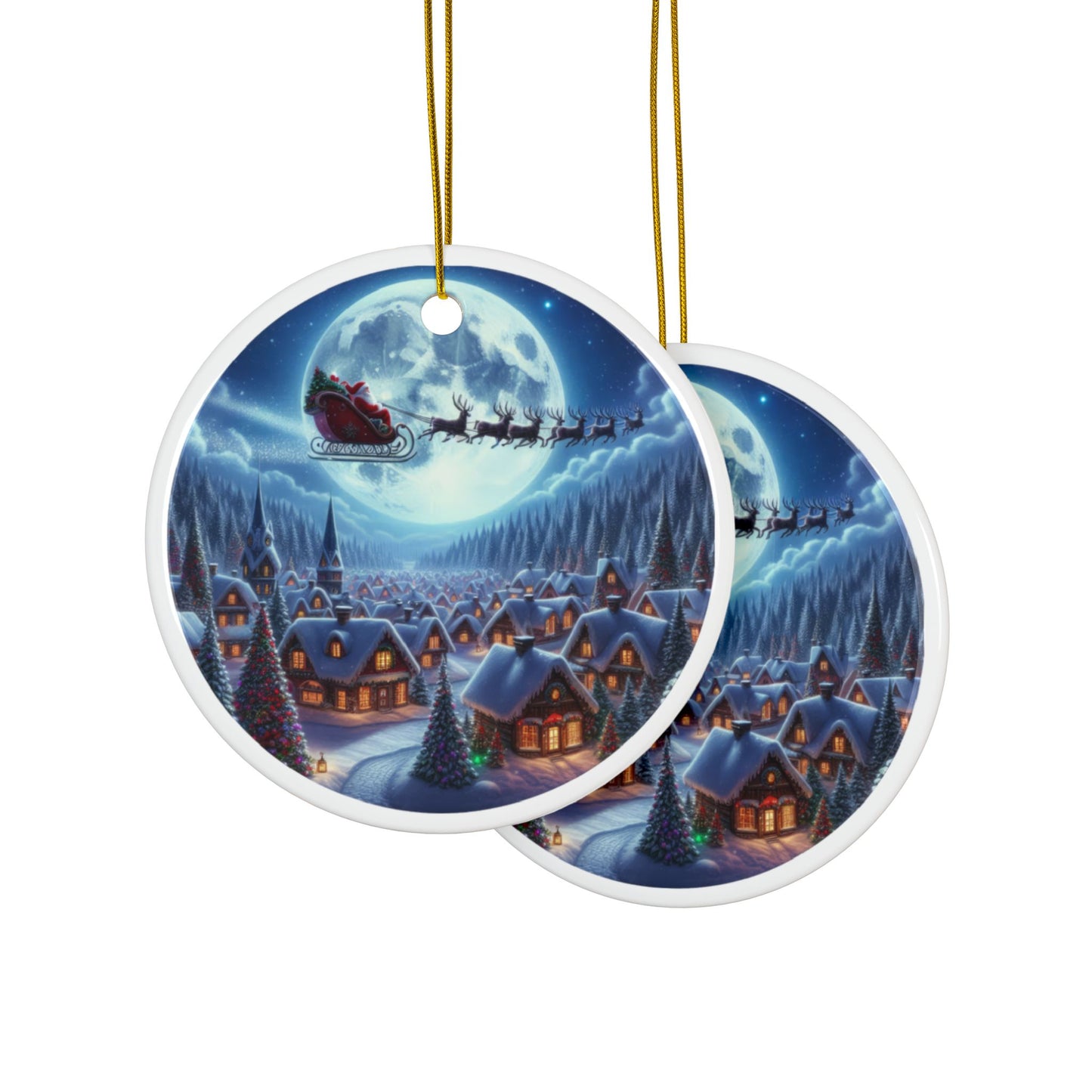 Starlit Santa's Village Drift Christmas Ceramic Ornaments, 2-Side Print, (1pc, 3pcs, 5pcs, 10pcs)