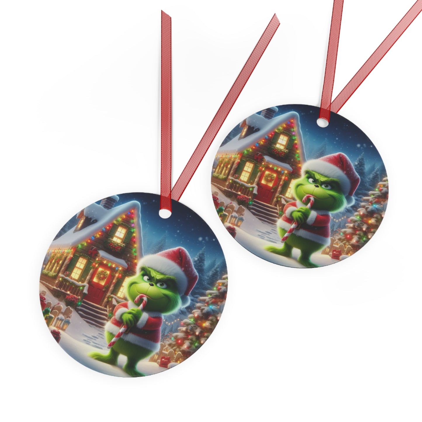 The Grinch’s Playful Candy Cane Prank Metal Ornaments, 2-Side Print