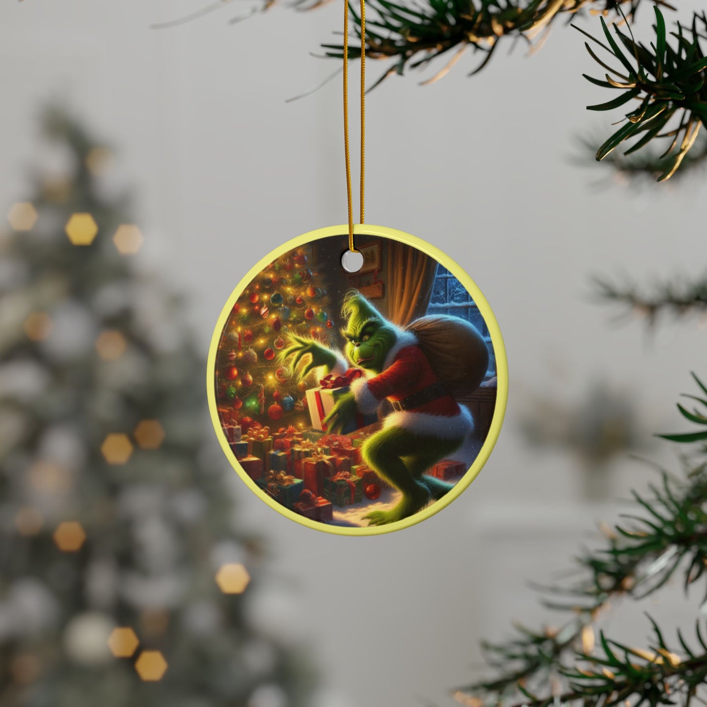 Grinch’s Stealthy Holiday Theft Christmas Ceramic Ornaments, 2-Side Print, (1pc, 3pcs, 5pcs, 10pcs)