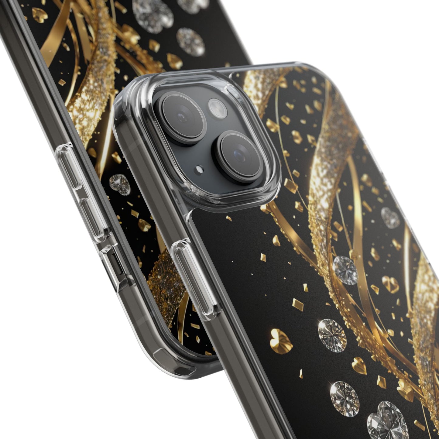 Gleaming Heart Clear Case, Elegant Gold Glitter, Sparkling Design