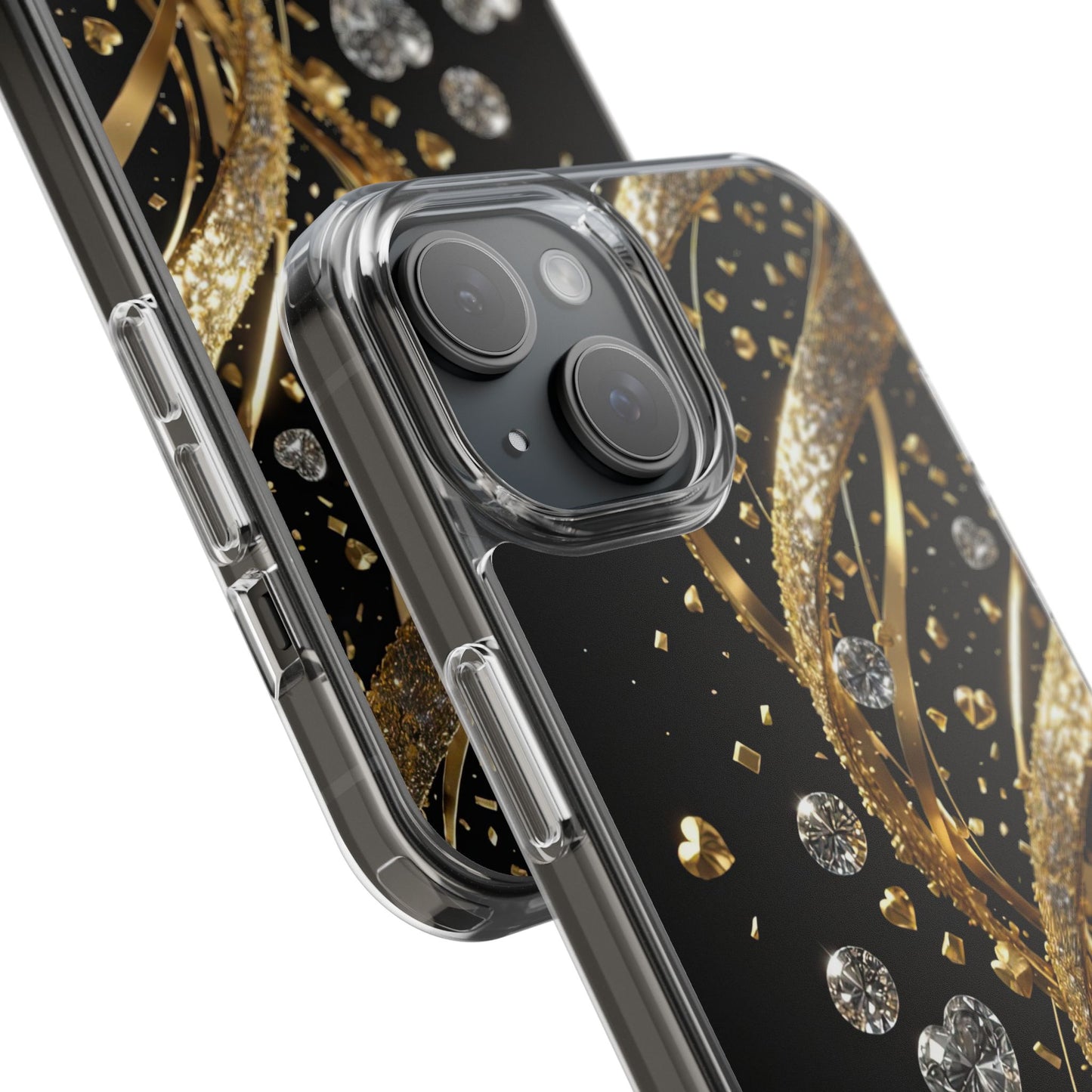 Gleaming Heart Clear Case, Elegant Gold Glitter, Sparkling Design